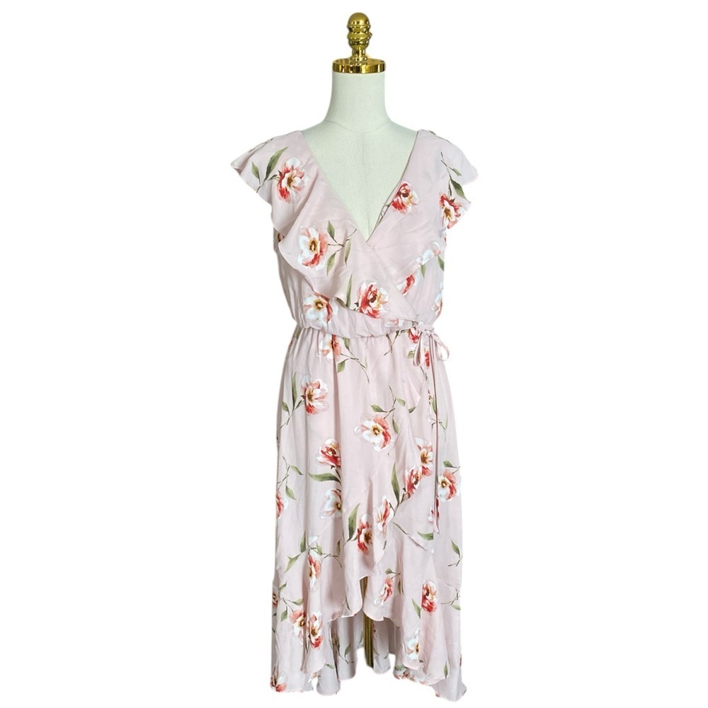 Soprano Women’s Pink Floral Asymmetrical Ruffle Trim Wrap Flowy Fairy Dress Sz L